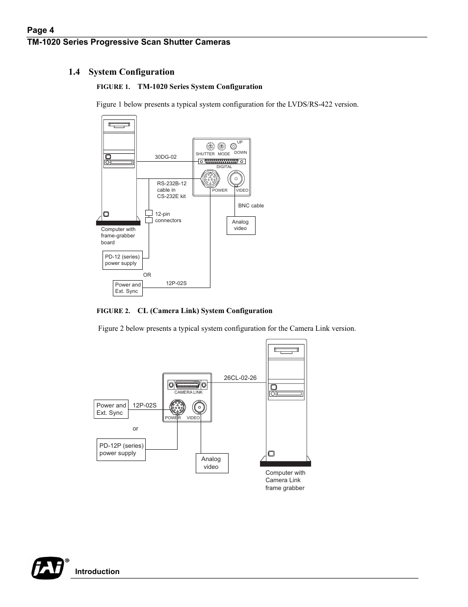 4 system configuration, Figure 1. tm-1020 series system configuration, Figure 2. cl (camera link) system configuration | System configuration, Figure 1, Tm-1020 series system configuration, Figure 2, Cl (camera link) system configuration, Introduction, Pin connectors or | JAI TM-1020 User Manual | Page 14 / 52