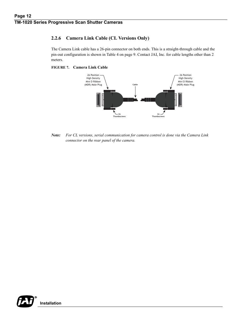 6 camera link cable (cl versions only), Figure 7. camera link cable, Camera link cable (cl versions only) | Figure 7, Camera link cable, Installation | JAI TM-1020 User Manual | Page 22 / 52