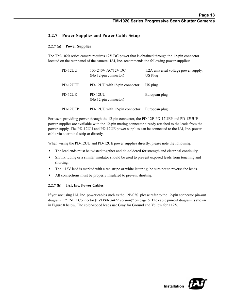 7 power supplies and power cable setup, 7 (a) power supplies, 7 (b) jai, inc. power cables | Power supplies and power cable setup | JAI TM-1020 User Manual | Page 23 / 52