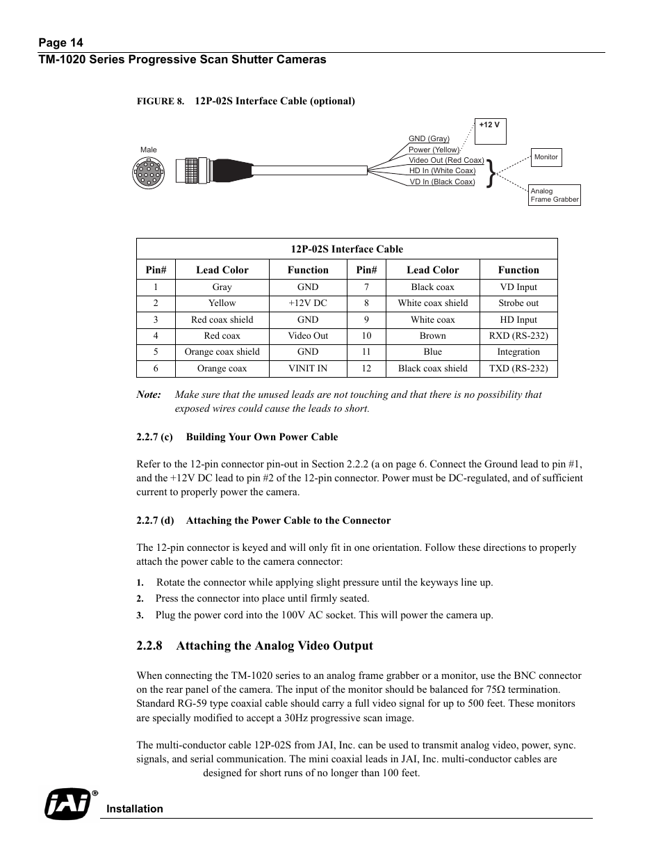 Figure 8. 12p-02s interface cable (optional), 7 (c) building your own power cable, 7 (d) attaching the power cable to the connector | Press the connector into place until firmly seated, 8 attaching the analog video output, Attaching the analog video output, Figure 8, 12p-02s interface cable (optional) | JAI TM-1020 User Manual | Page 24 / 52