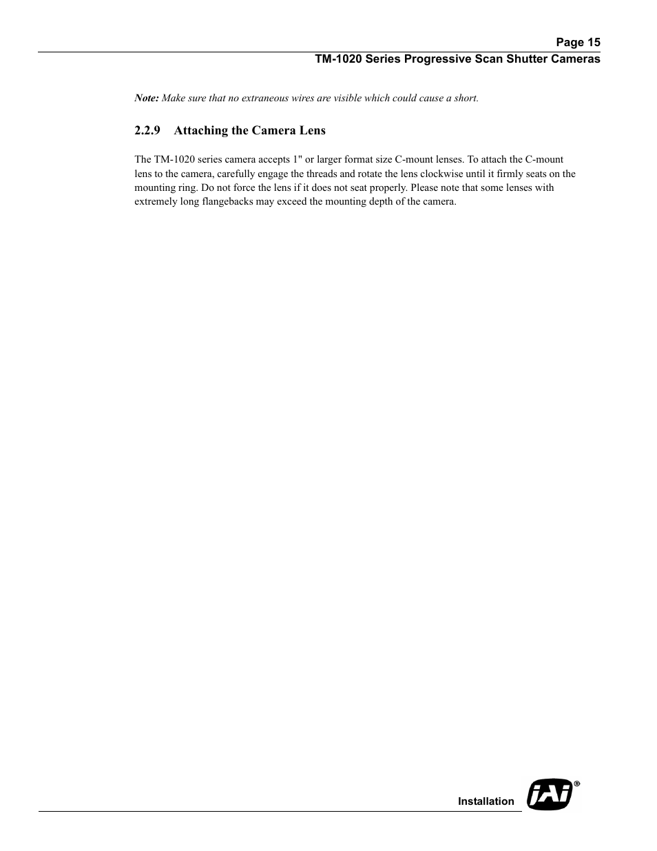 9 attaching the camera lens, Attaching the camera lens | JAI TM-1020 User Manual | Page 25 / 52
