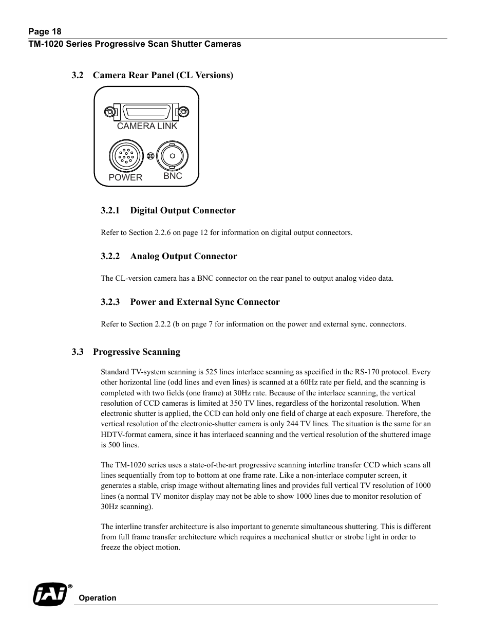 2 camera rear panel (cl versions), 1 digital output connector, 2 analog output connector | 3 power and external sync connector, 3 progressive scanning, Camera rear panel (cl versions), Digital output connector, Analog output connector, Power and external sync connector, Progressive scanning | JAI TM-1020 User Manual | Page 28 / 52