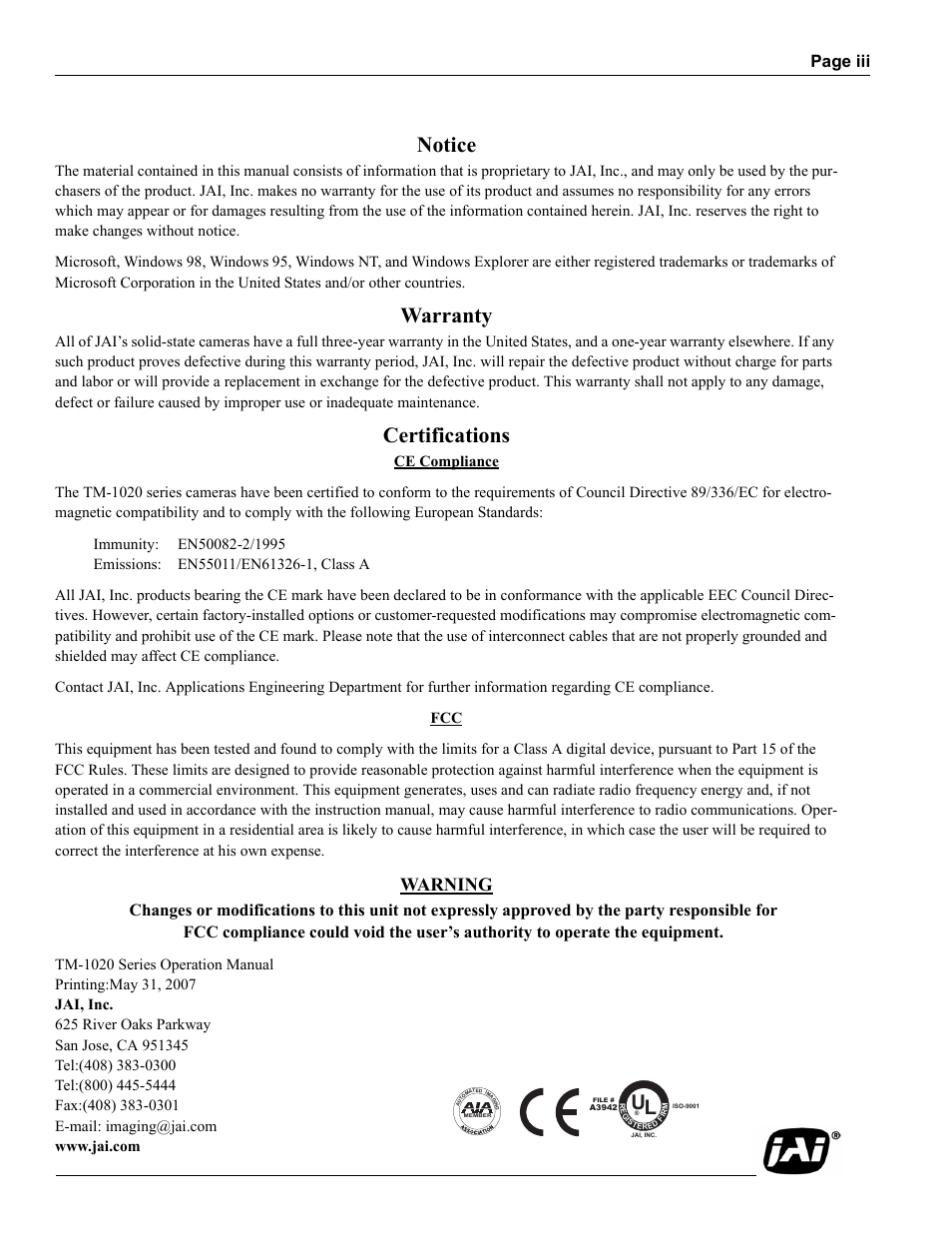 Notice, Warranty, Certifications | Warning, Page iii | JAI TM-1020 User Manual | Page 3 / 52