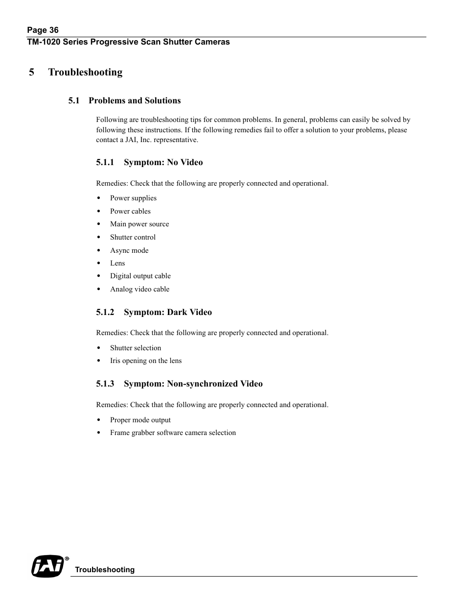 5 troubleshooting, 1 problems and solutions, 1 symptom: no video | 2 symptom: dark video, 3 symptom: non-synchronized video, Problems and solutions, Symptom: no video, Symptom: dark video, Symptom: non-synchronized video, 5troubleshooting | JAI TM-1020 User Manual | Page 46 / 52