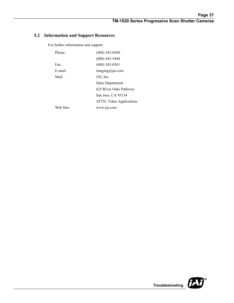 2 information and support resources, Information and support resources | JAI TM-1020 User Manual | Page 47 / 52