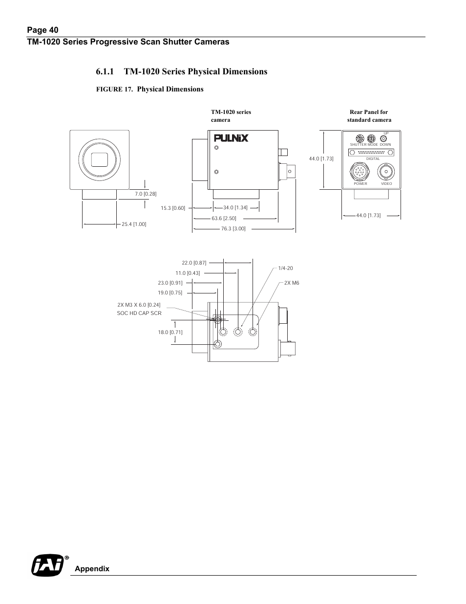 1 tm-1020 series physical dimensions, Figure 17. physical dimensions, Tm-1020 series physical dimensions | Figure 17, Physical dimensions, Appendix | JAI TM-1020 User Manual | Page 50 / 52
