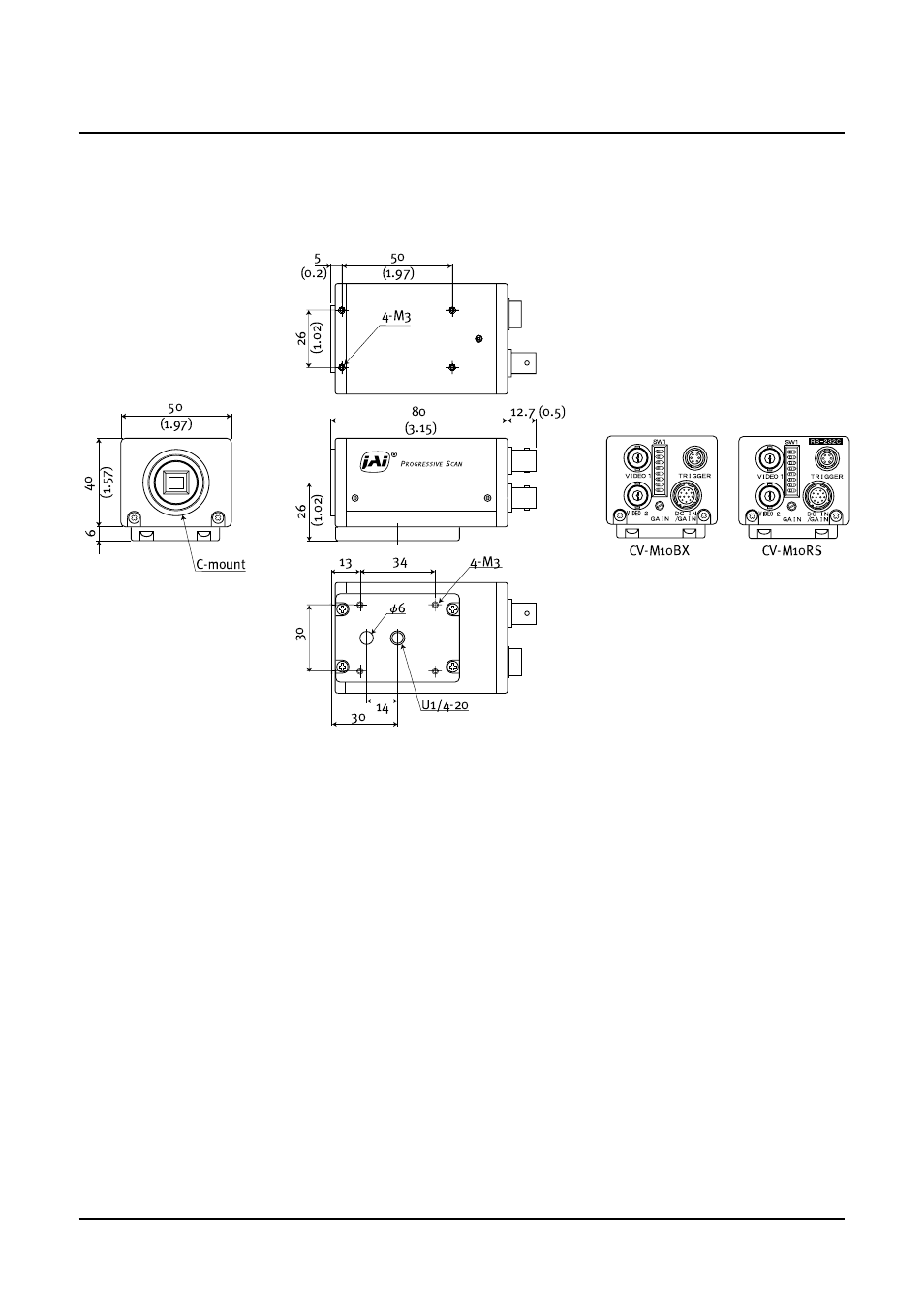 External appearance and dimensions, Cv-m10bx/cv-m10rs, Unit : mm (inch) | JAI CV-M10 User Manual | Page 20 / 24