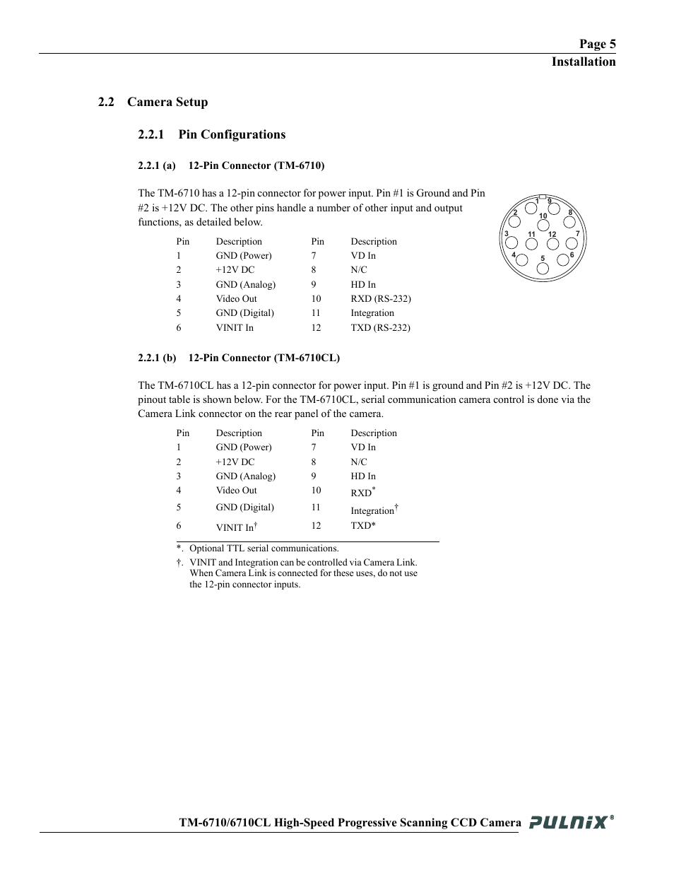 Page 5 installation, 2 camera setup 2.2.1 pin configurations | JAI TM-6710 User Manual | Page 11 / 42