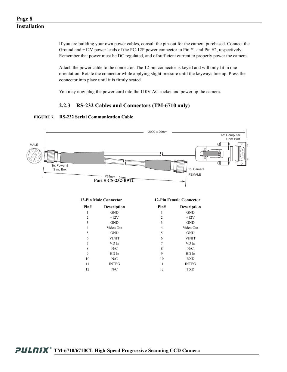 Page 8 installation, Rs-232 serial communication cable | JAI TM-6710 User Manual | Page 14 / 42