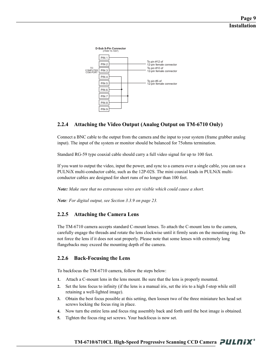 Page 9 installation, 5 attaching the camera lens, 6 back-focusing the lens | JAI TM-6710 User Manual | Page 15 / 42