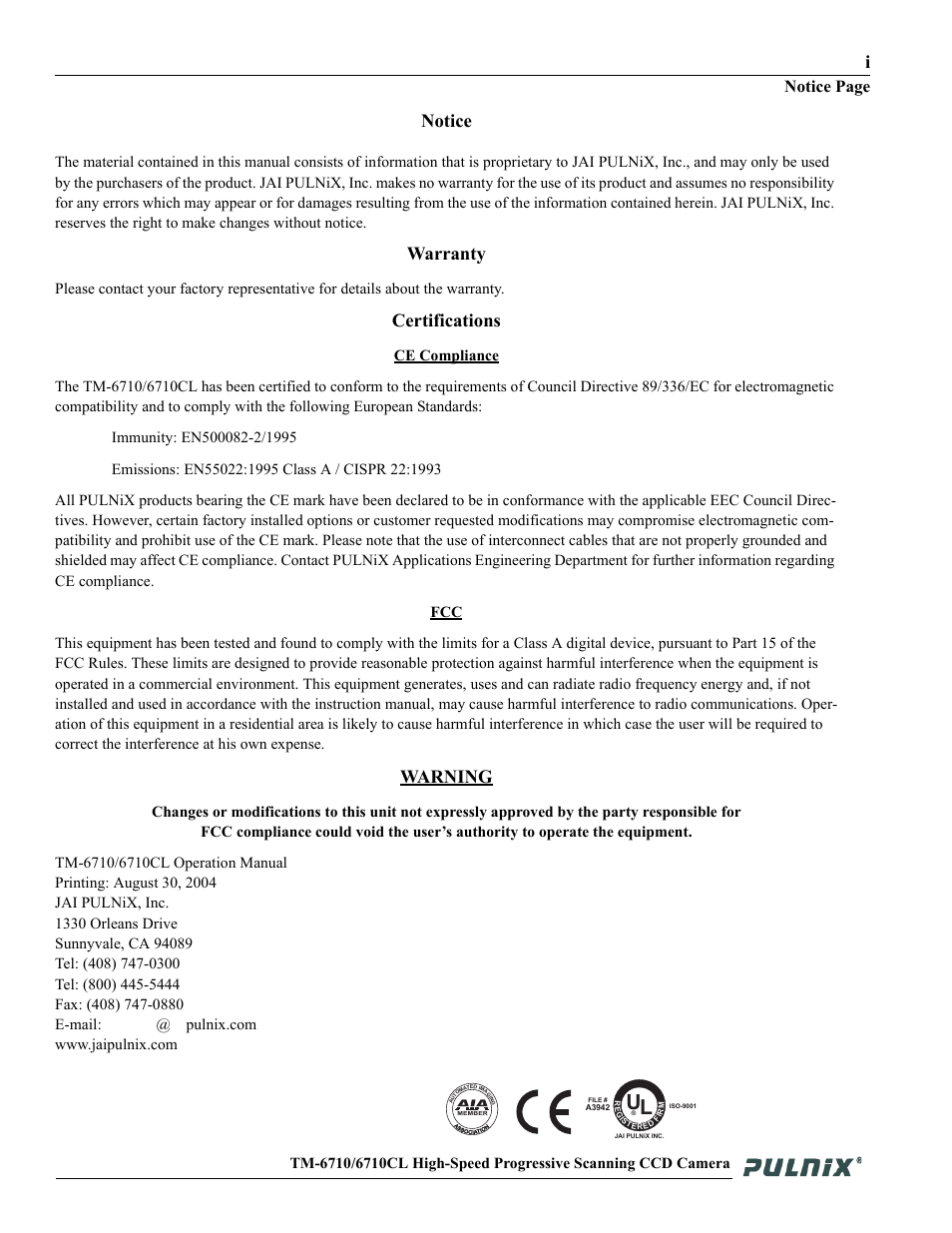 Notice, Warranty, Certifications | Warning, Notice page | JAI TM-6710 User Manual | Page 3 / 42
