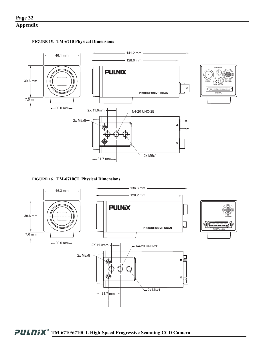 Page 32 appendix, Tm-6710 physical dimensions, Tm-6710cl physical dimensions | Figure 15, Figure 16, 2x m6x1, 2x m3x8 | JAI TM-6710 User Manual | Page 38 / 42