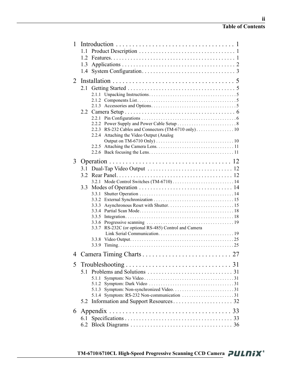 1 introduction, 2 installation, 3 operation | 4 camera timing charts 5 troubleshooting, 6 appendix | JAI TM-6710 User Manual | Page 5 / 42