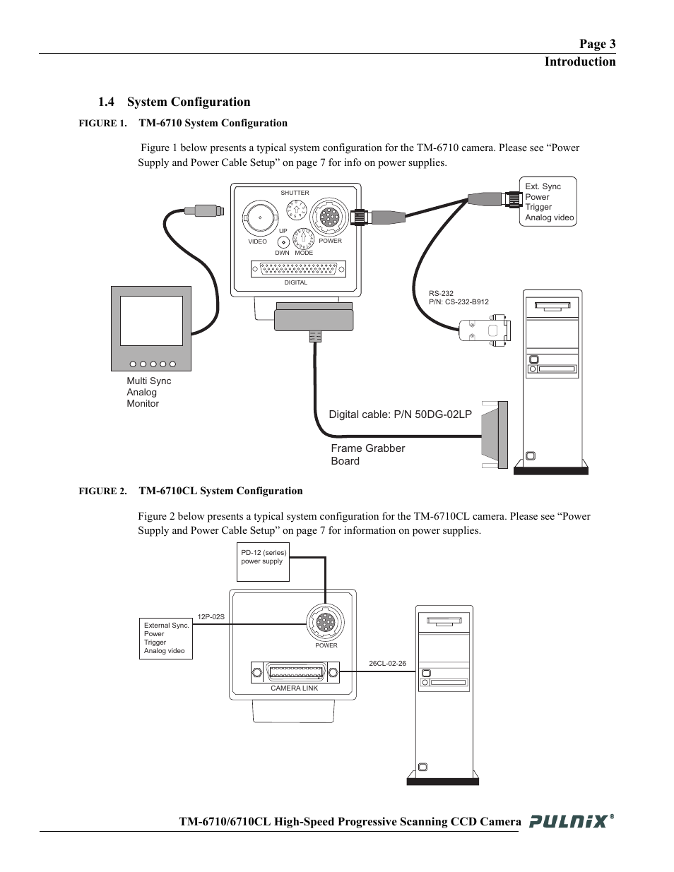 Page 3 introduction, 4 system configuration, Frame grabber board | Digital cable: p/n 50dg-02lp, Figure 1, Figure 2, Multi sync analog monitor | JAI TM-6710 User Manual | Page 9 / 42