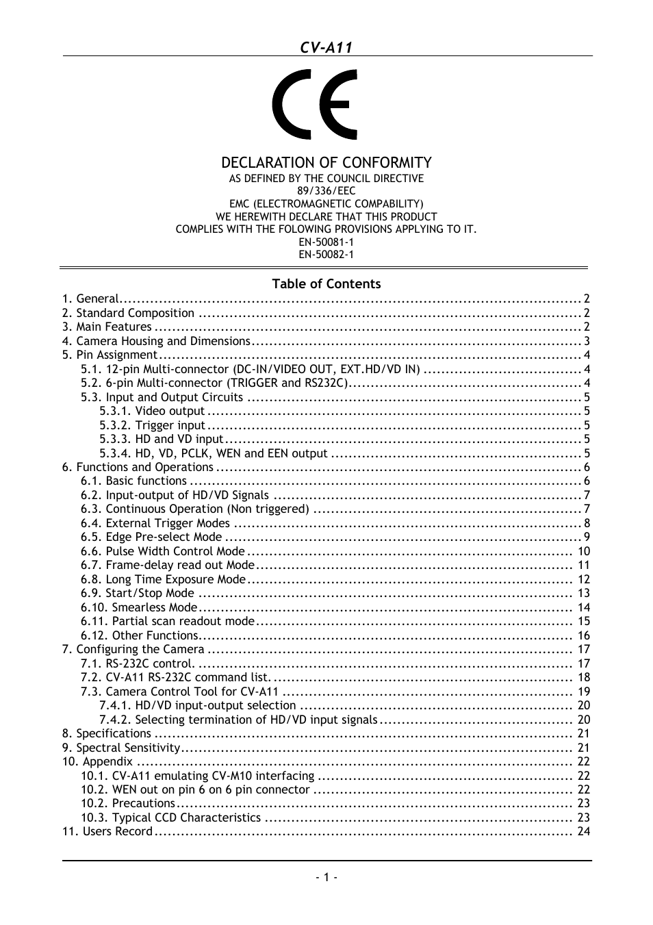 General, Cv-a11, Declaration of conformity | JAI CV-A11 User Manual | Page 2 / 25