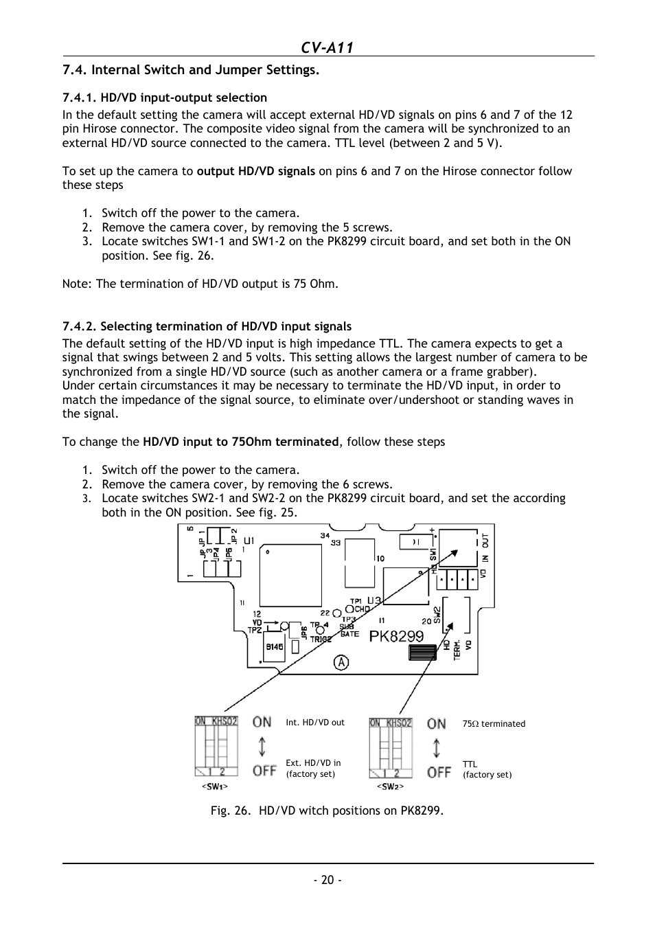 Hd/vd input-output selection, Selecting termination of hd/vd input signals, Cv-a11 | JAI CV-A11 User Manual | Page 21 / 25