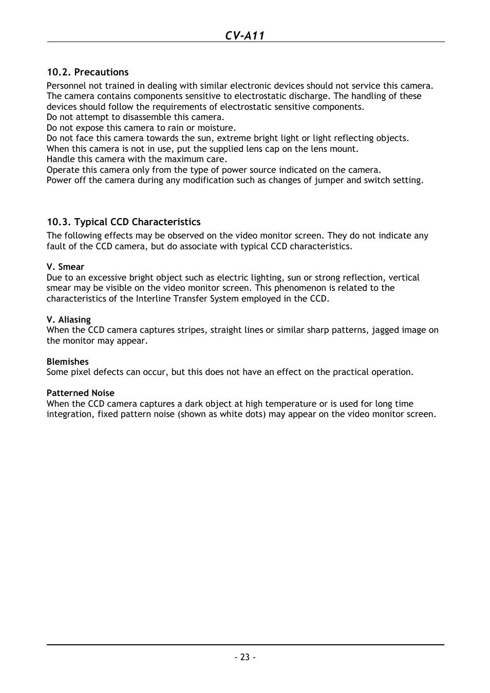 Precautions, Typical ccd characteristics, Cv-a11 | JAI CV-A11 User Manual | Page 24 / 25