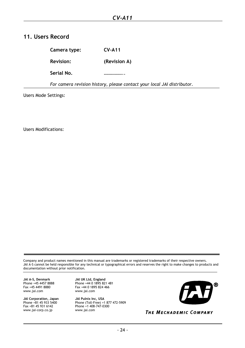 Users record, Cv-a11 | JAI CV-A11 User Manual | Page 25 / 25