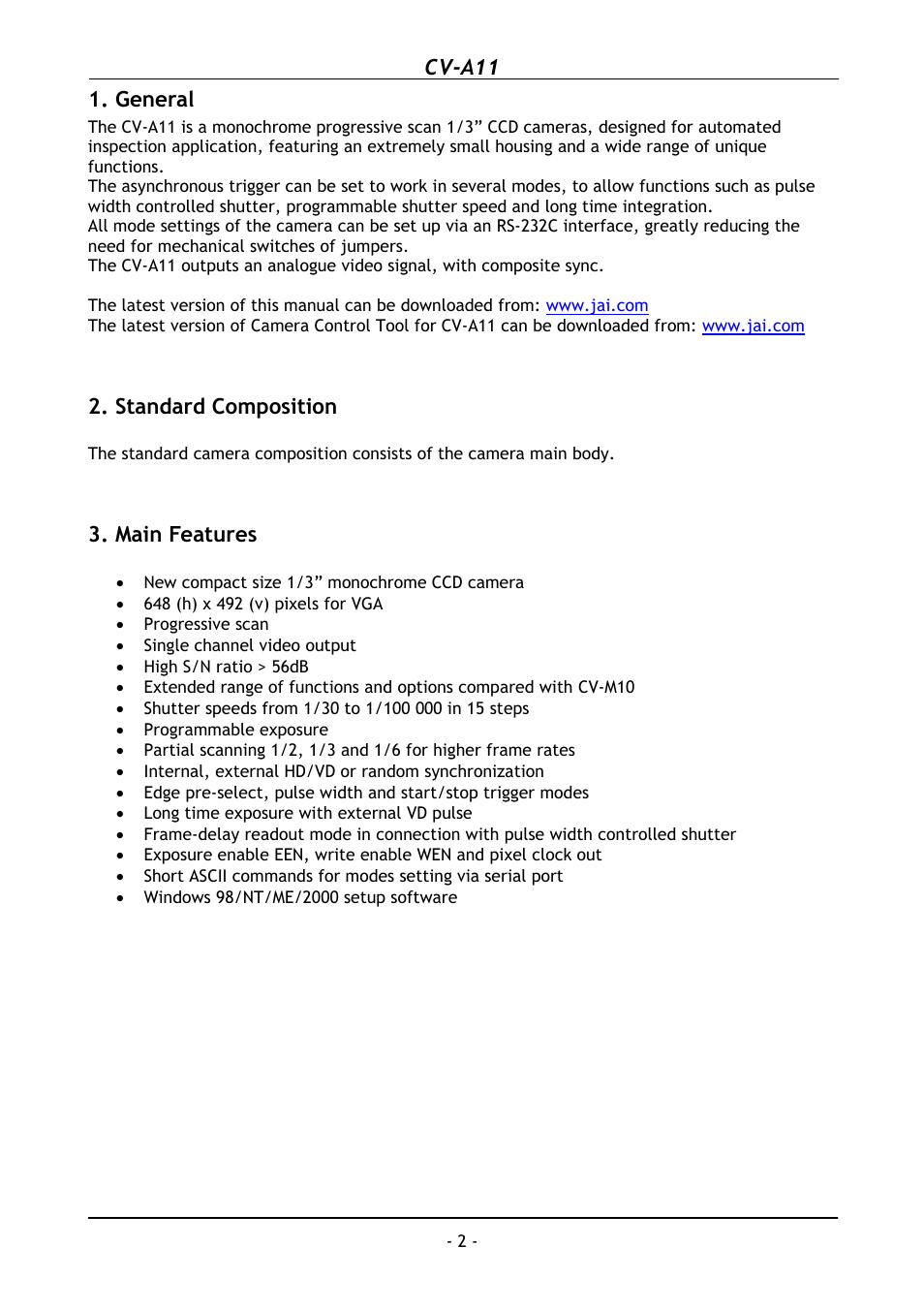 Standard composition, Main features, General | Cv-a11 | JAI CV-A11 User Manual | Page 3 / 25