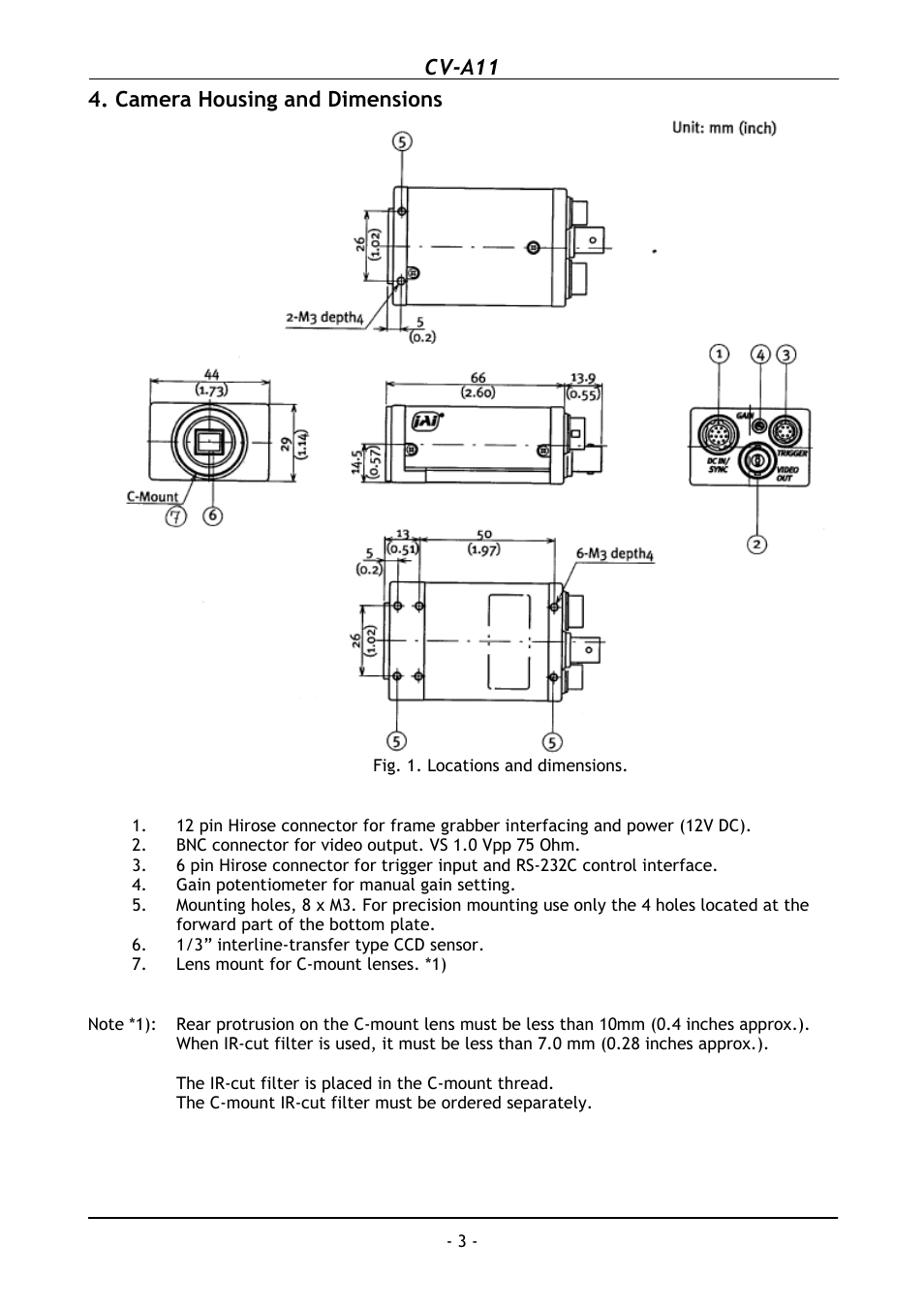 Camera housing and dimensions, Cv-a11 | JAI CV-A11 User Manual | Page 4 / 25