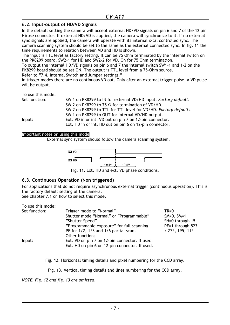 Input-output of hd/vd signals, Continuous operation (non triggered), Cv-a11 | JAI CV-A11 User Manual | Page 8 / 25