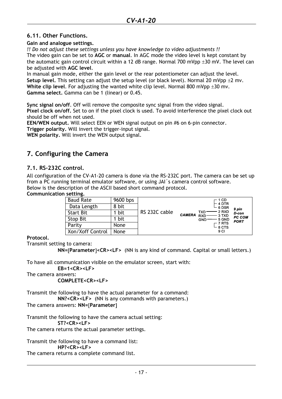 Other functions, Configuring the camera, Rs-232c control | Cv-a1-20 | JAI CV-A1-20 User Manual | Page 18 / 24