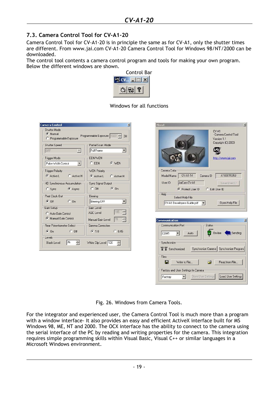 Camera control tool for cv-a1-20, Cv-a1-20 | JAI CV-A1-20 User Manual | Page 20 / 24