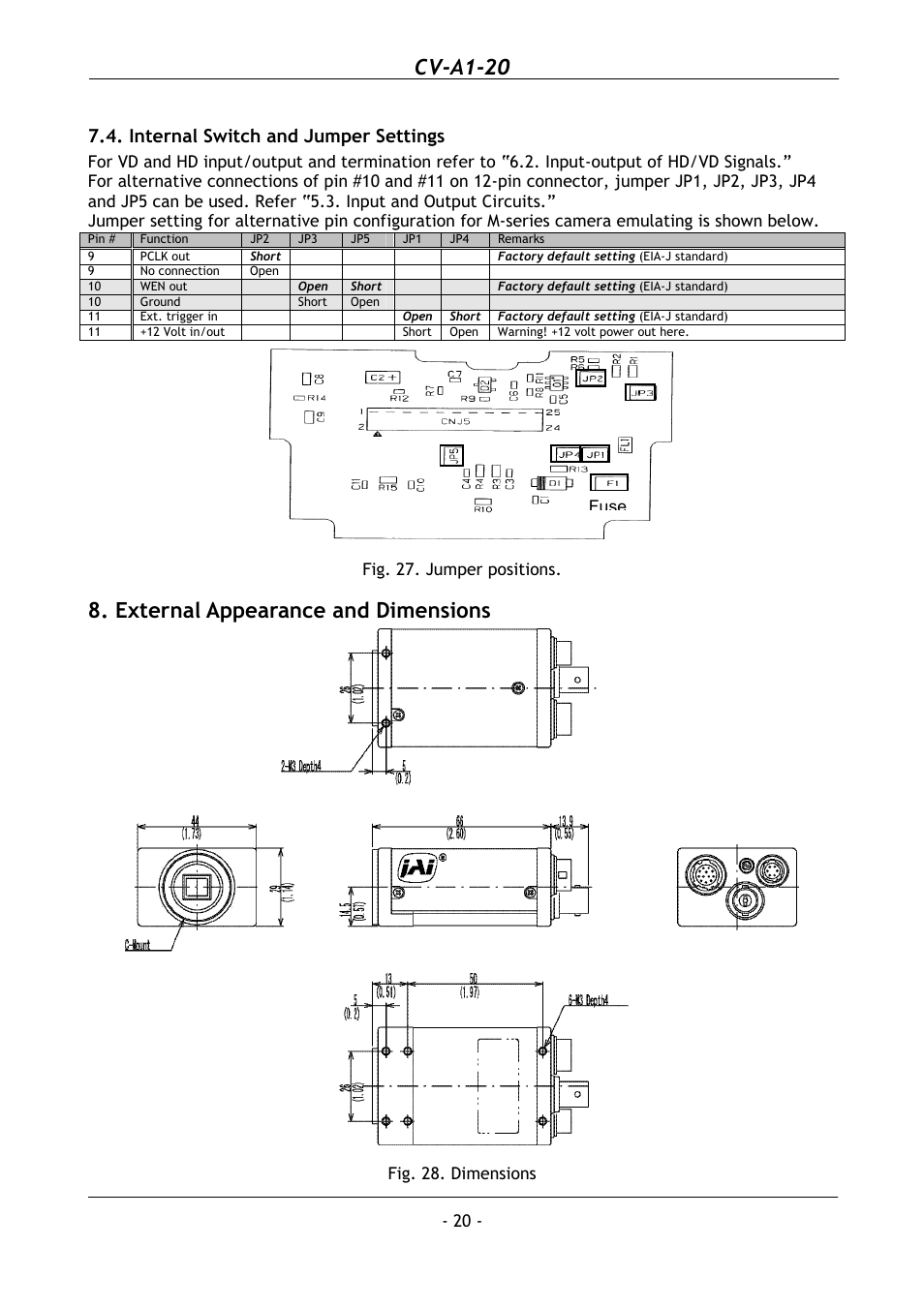 Internal switch and jumper settings, External appearance and dimensions, Cv-a1-20 | JAI CV-A1-20 User Manual | Page 21 / 24