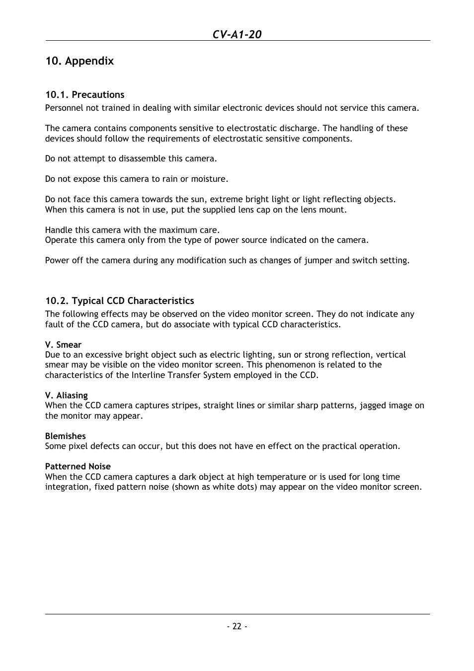 Appendix, Precautions, Typical ccd characteristics | Cv-a1-20 | JAI CV-A1-20 User Manual | Page 23 / 24