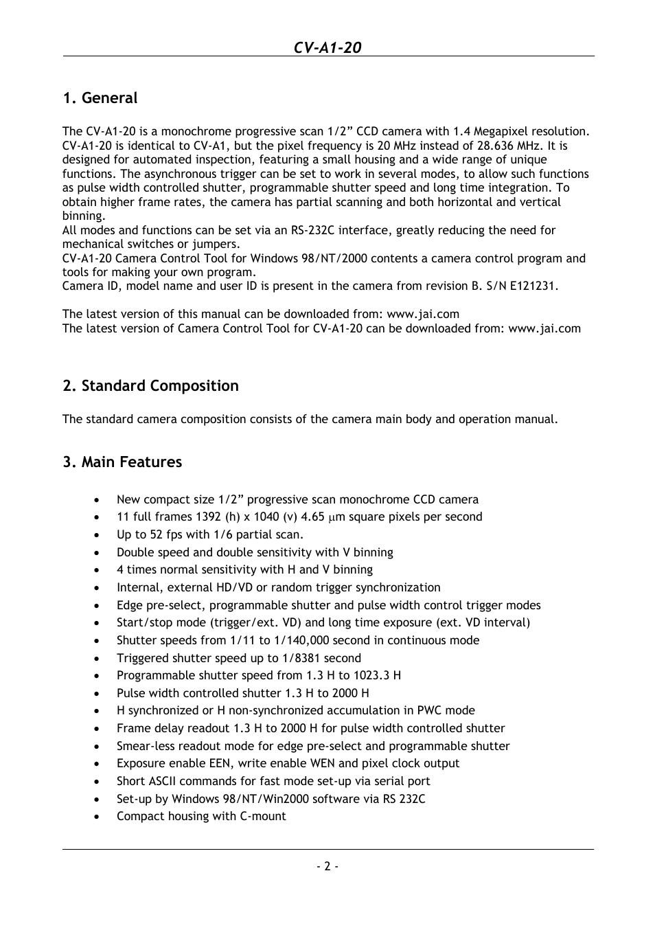 General, Standard composition, Main features | Cv-a1-20 | JAI CV-A1-20 User Manual | Page 3 / 24