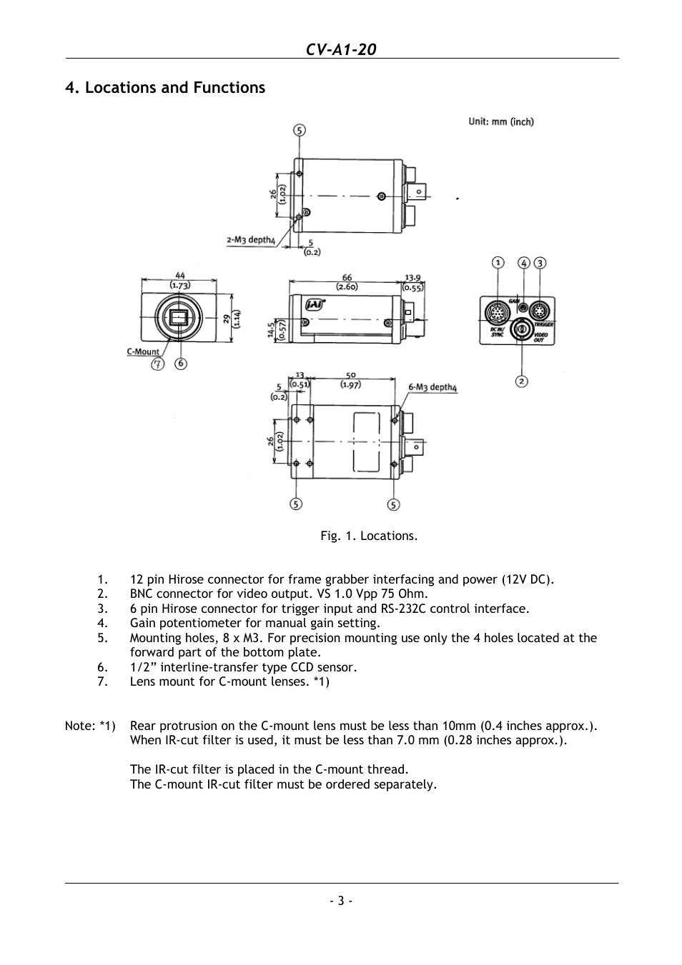 Locations and functions, Cv-a1-20 | JAI CV-A1-20 User Manual | Page 4 / 24