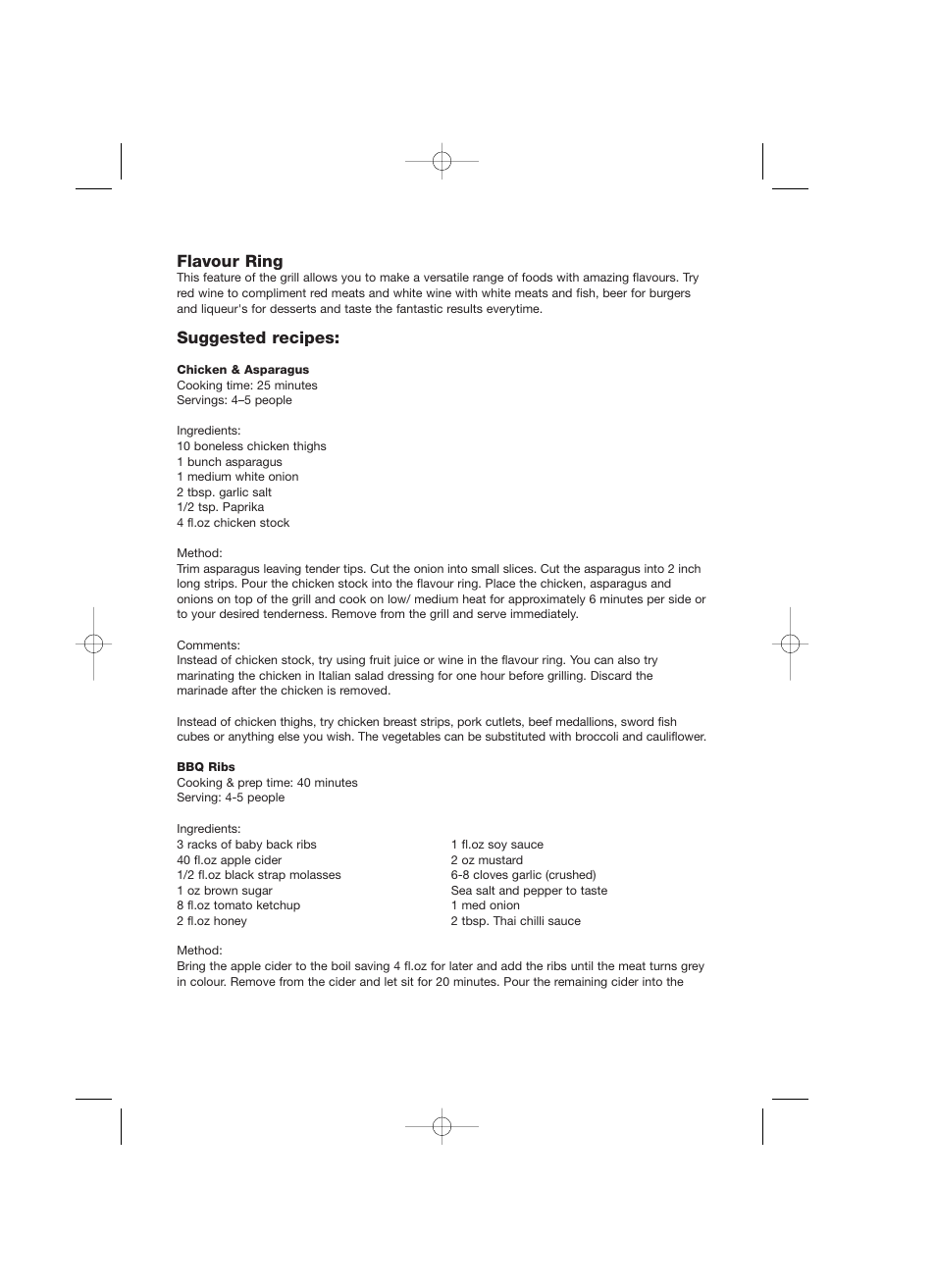 Flavour ring, Suggested recipes | John Mills Mighty Pro Grill User Manual | Page 4 / 8