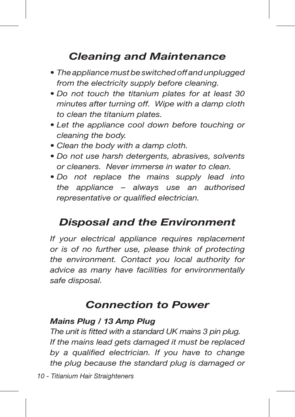 Cleaning and maintenance, Disposal and the environment, Connection to power | John Mills Titanium Hair Straightener User Manual | Page 10 / 12