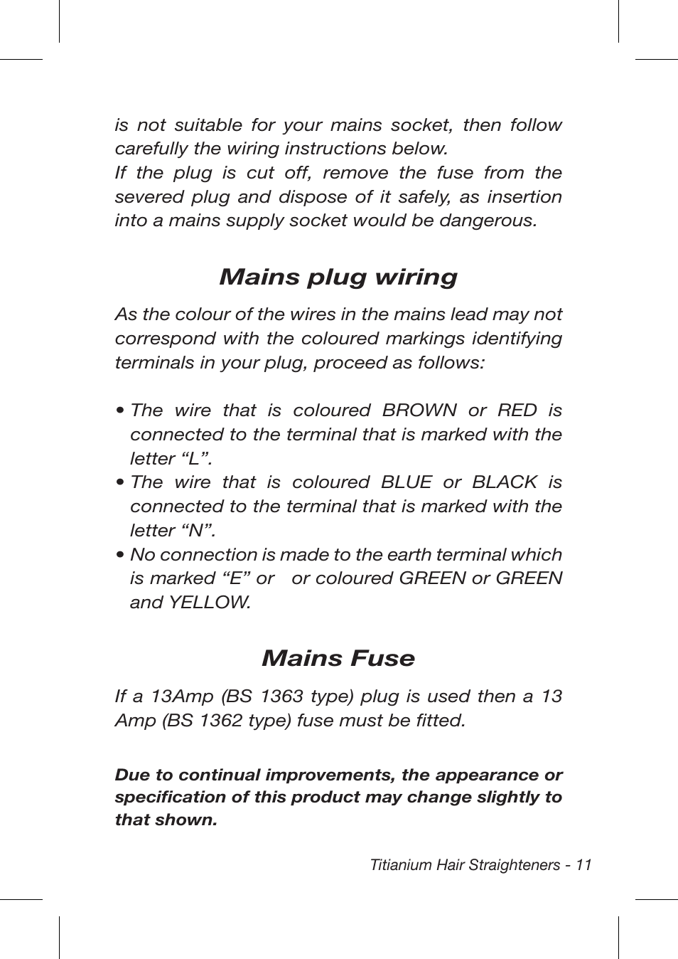 Mains plug wiring, Mains fuse | John Mills Titanium Hair Straightener User Manual | Page 11 / 12