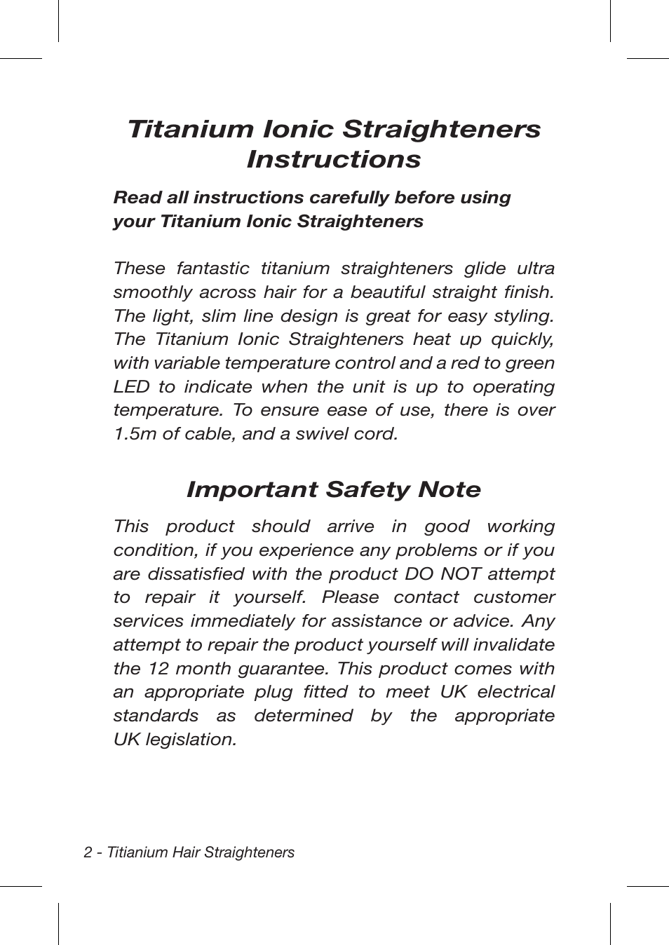 Titanium ionic straighteners instructions | John Mills Titanium Hair Straightener User Manual | Page 2 / 12