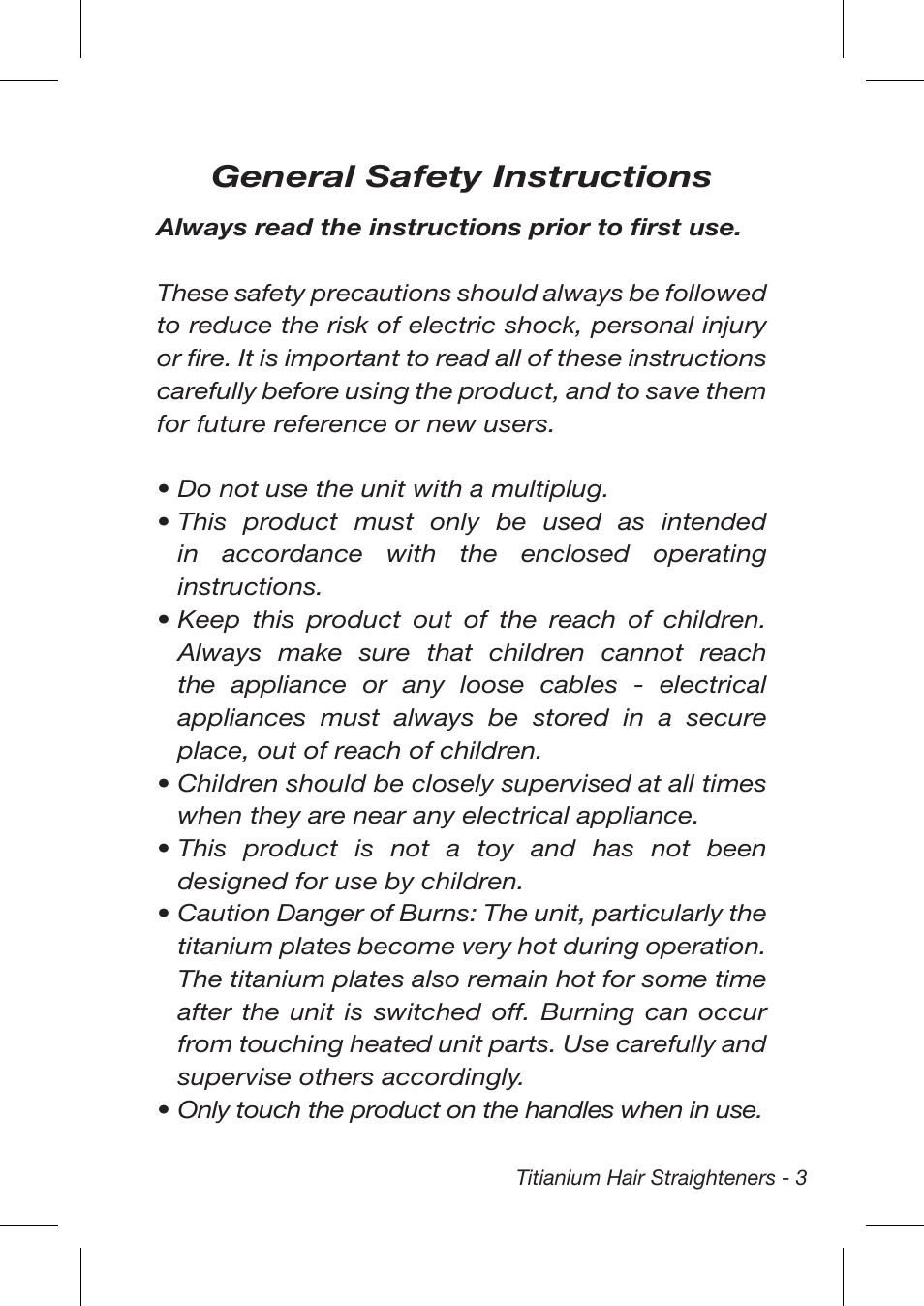 General safety instructions | John Mills Titanium Hair Straightener User Manual | Page 3 / 12