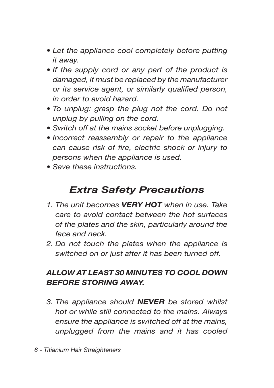 Extra safety precautions | John Mills Titanium Hair Straightener User Manual | Page 6 / 12