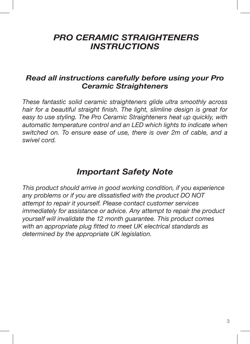 Pro ceramic straighteners instructions | John Mills PRO CERAMIC STRAIGHTENERS User Manual | Page 3 / 12