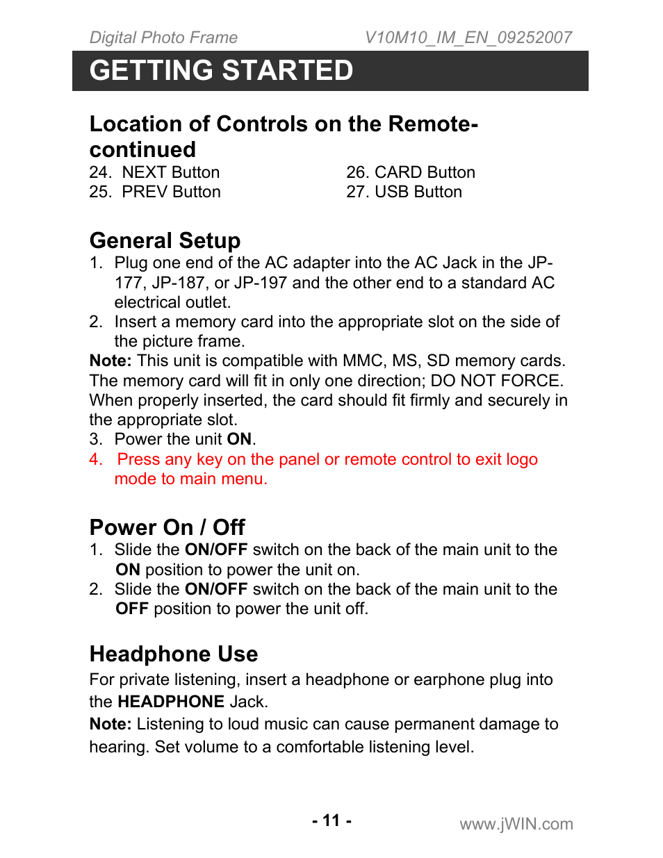 Getting started, Location of controls on the remote- continued, General setup | Power on / off, Headphone use | Jwin JP-197 User Manual | Page 12 / 24