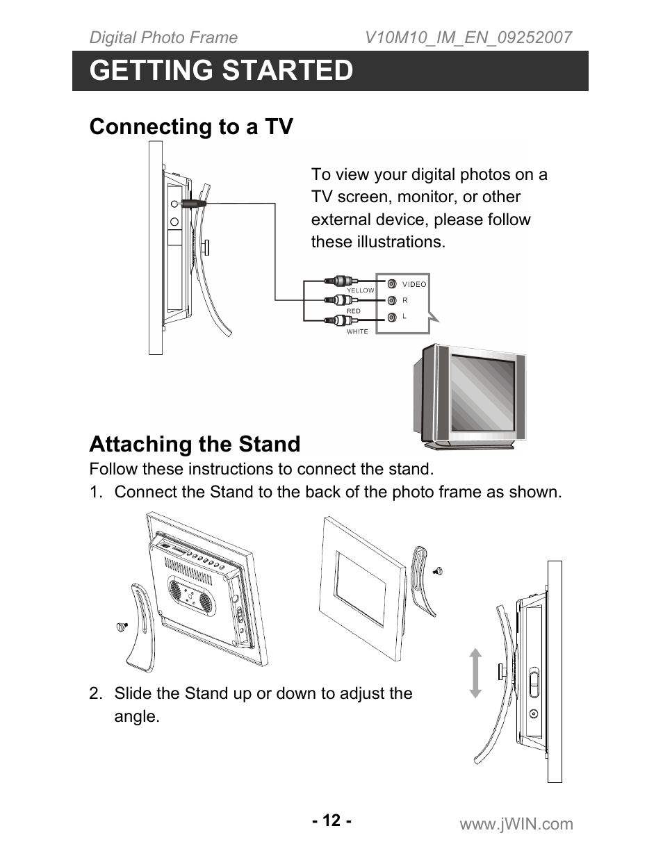 Getting started, Connecting to a tv, Attaching the stand | Jwin JP-197 User Manual | Page 13 / 24