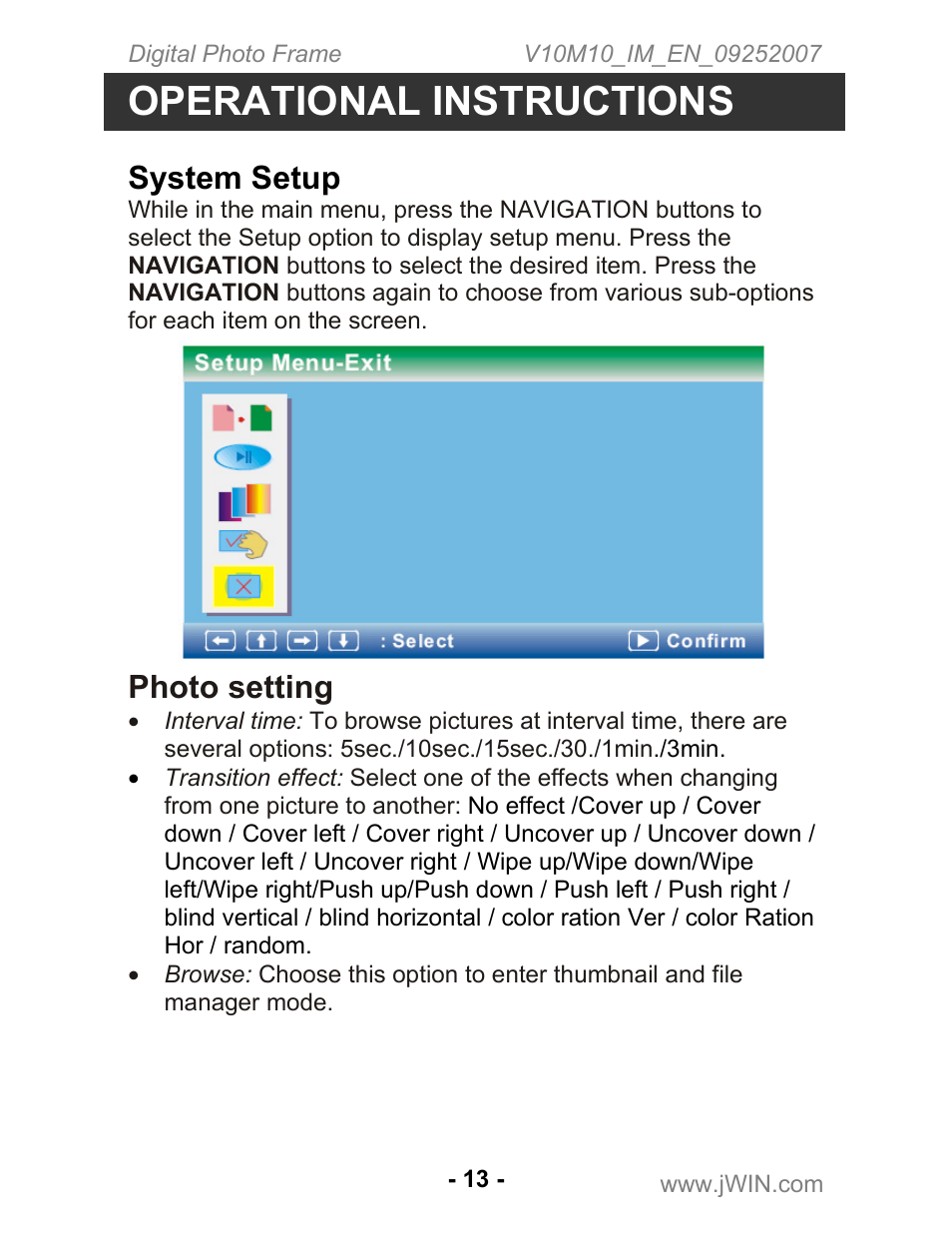 Operational instructions, System setup, Photo setting | Jwin JP-197 User Manual | Page 14 / 24