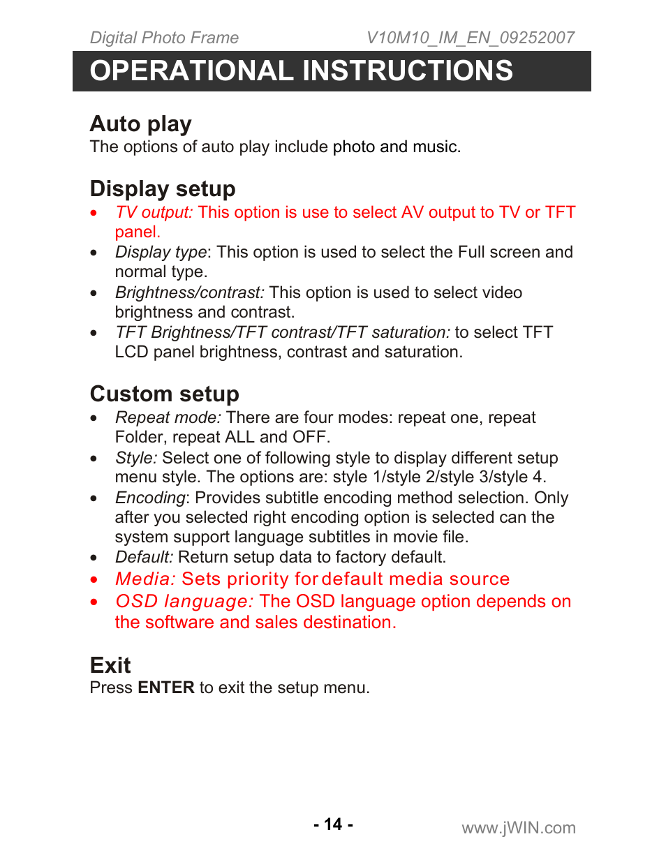 Operational instructions, Auto play, Display setup | Custom setup, Exit | Jwin JP-197 User Manual | Page 15 / 24