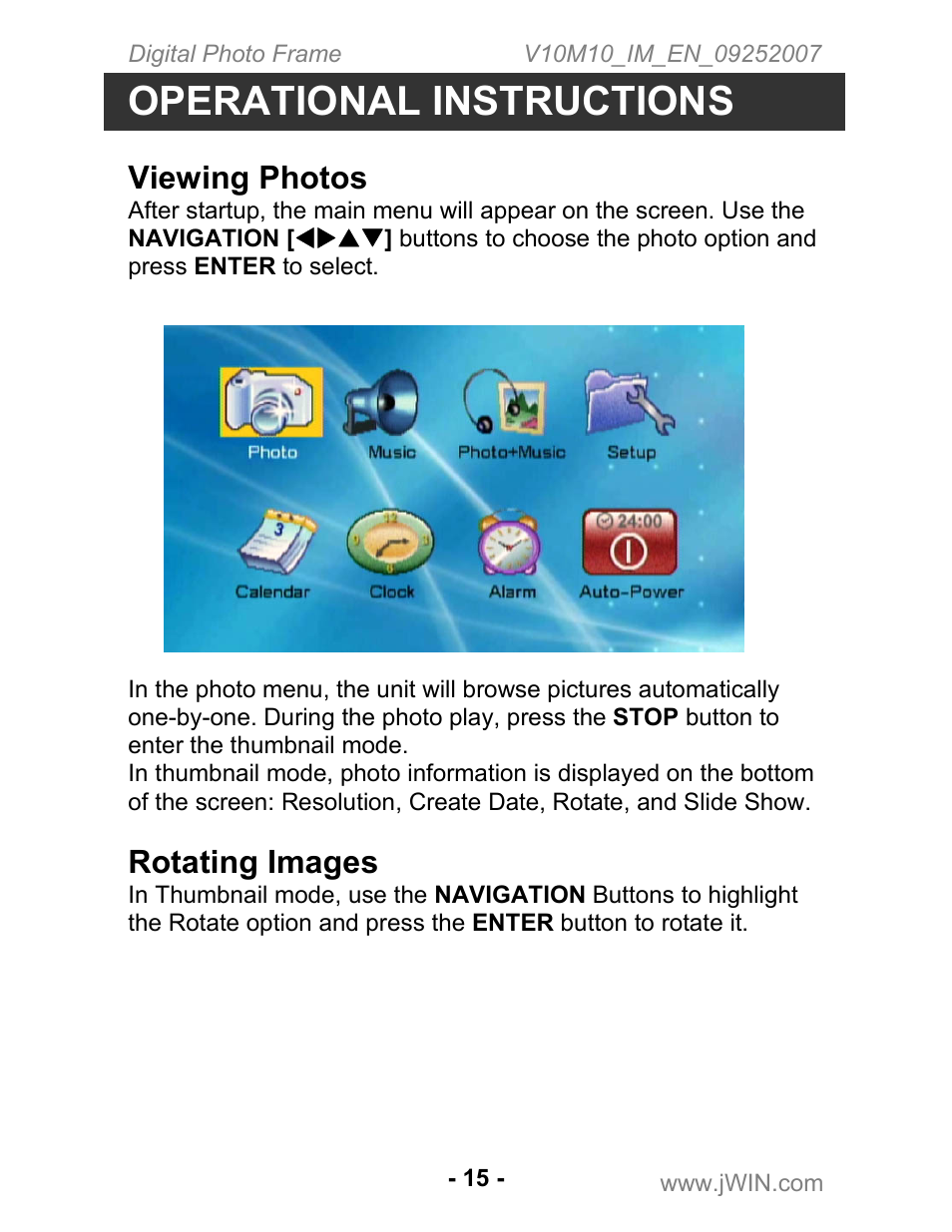 Operational instructions, Viewing photos, Rotating images | Jwin JP-197 User Manual | Page 16 / 24