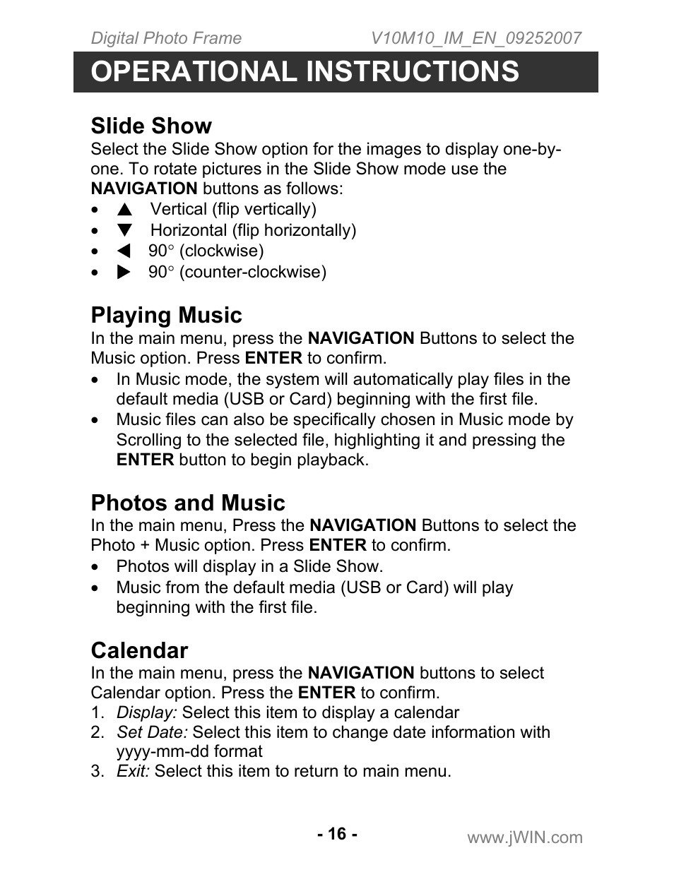 Operational instructions, Slide show, Playing music | Photos and music, Calendar | Jwin JP-197 User Manual | Page 17 / 24