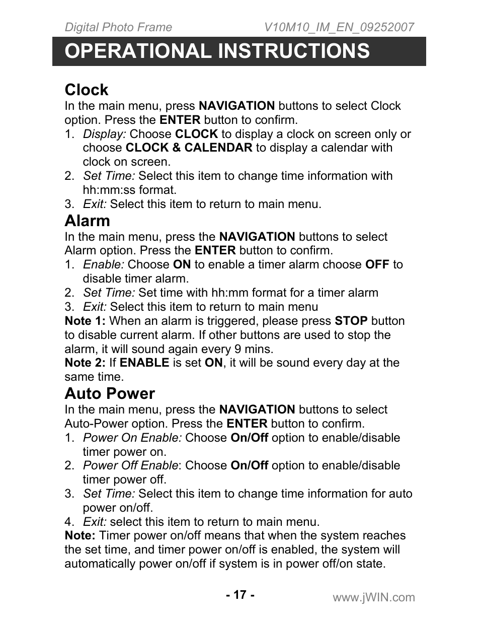 Operational instructions, Clock, Alarm | Auto power | Jwin JP-197 User Manual | Page 18 / 24