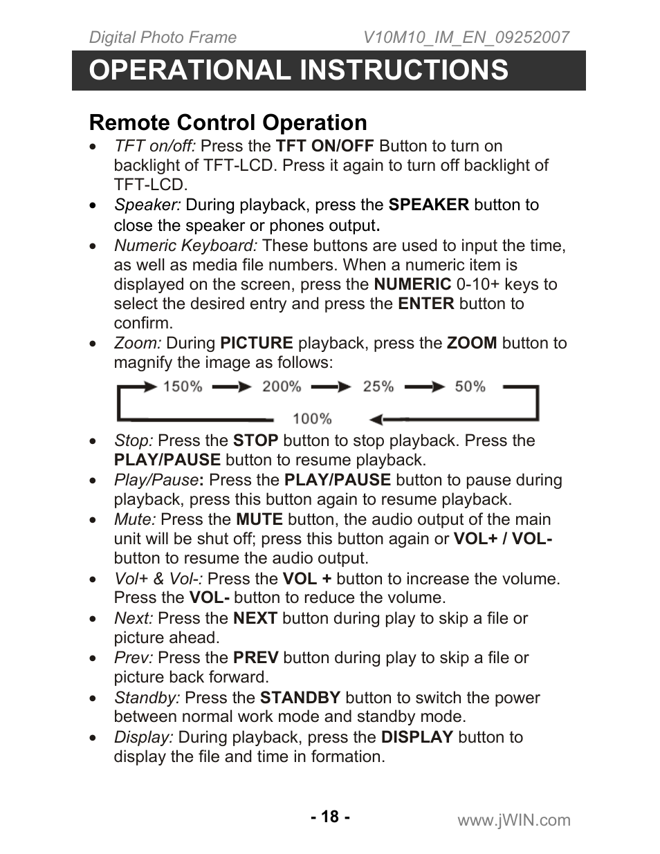 Operational instructions, Remote control operation | Jwin JP-197 User Manual | Page 19 / 24