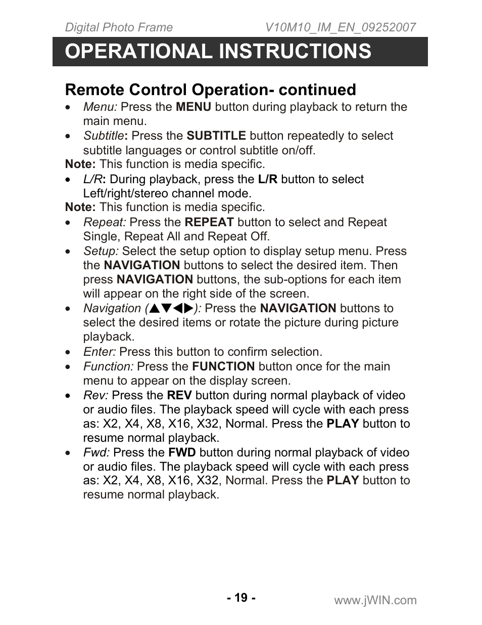 Operational instructions, Remote control operation- continued | Jwin JP-197 User Manual | Page 20 / 24