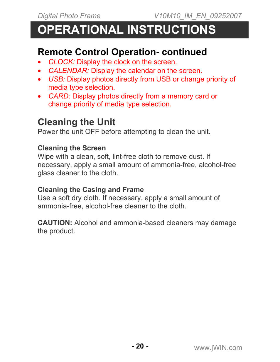 Operational instructions, Remote control operation- continued, Cleaning the unit | Jwin JP-197 User Manual | Page 21 / 24