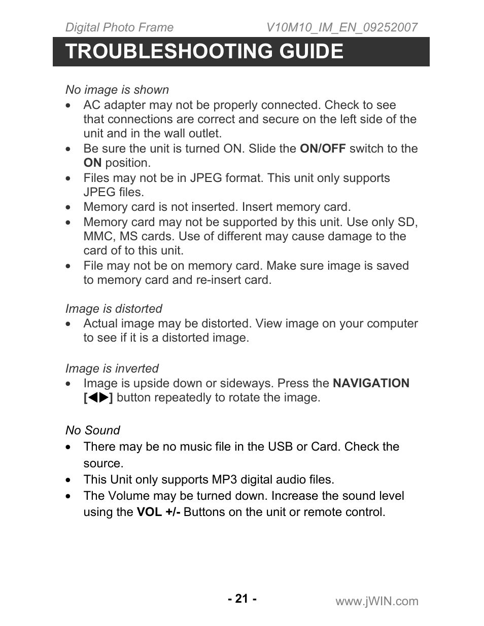 Troubleshooting guide | Jwin JP-197 User Manual | Page 22 / 24