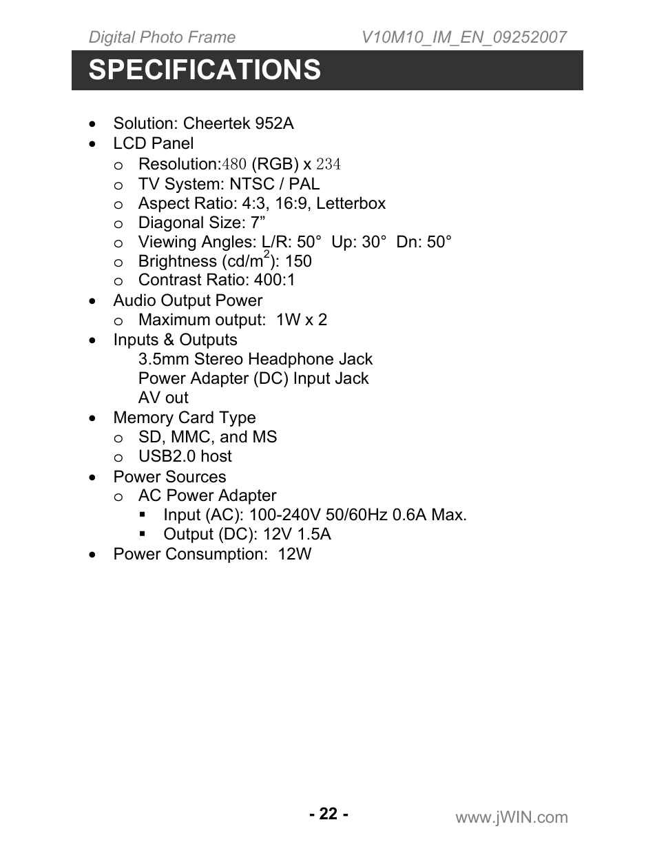 Specifications | Jwin JP-197 User Manual | Page 23 / 24